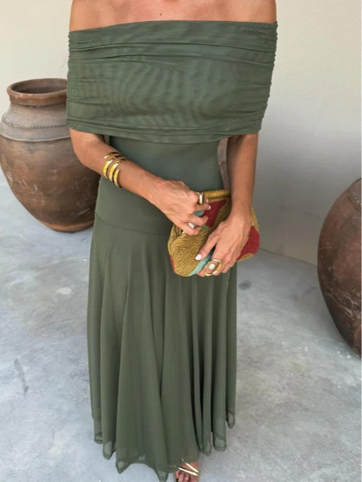 Vestido largo marrón de malla de un solo hombro