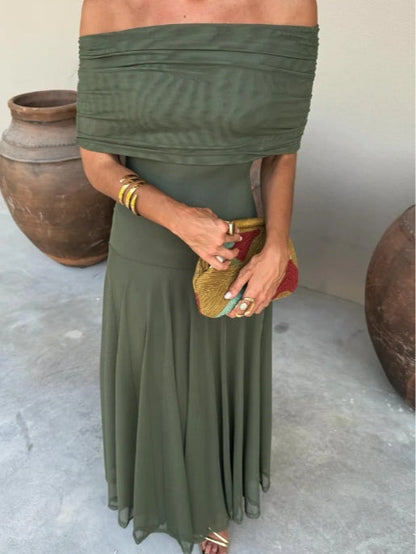 Vestido largo marrón de malla de un solo hombro