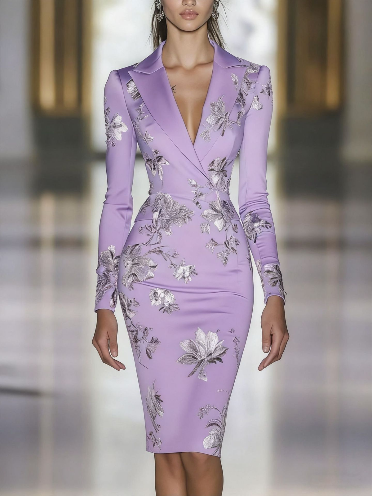 Elegante vestido blazer midi azul con estampado floral