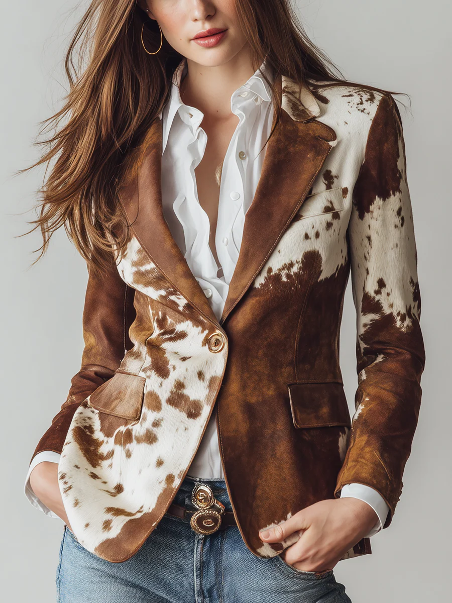 Blazer retro marrón con estampado de vaca