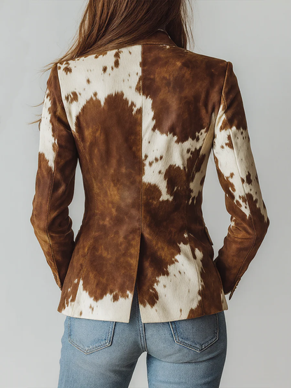 Blazer retro marrón con estampado de vaca