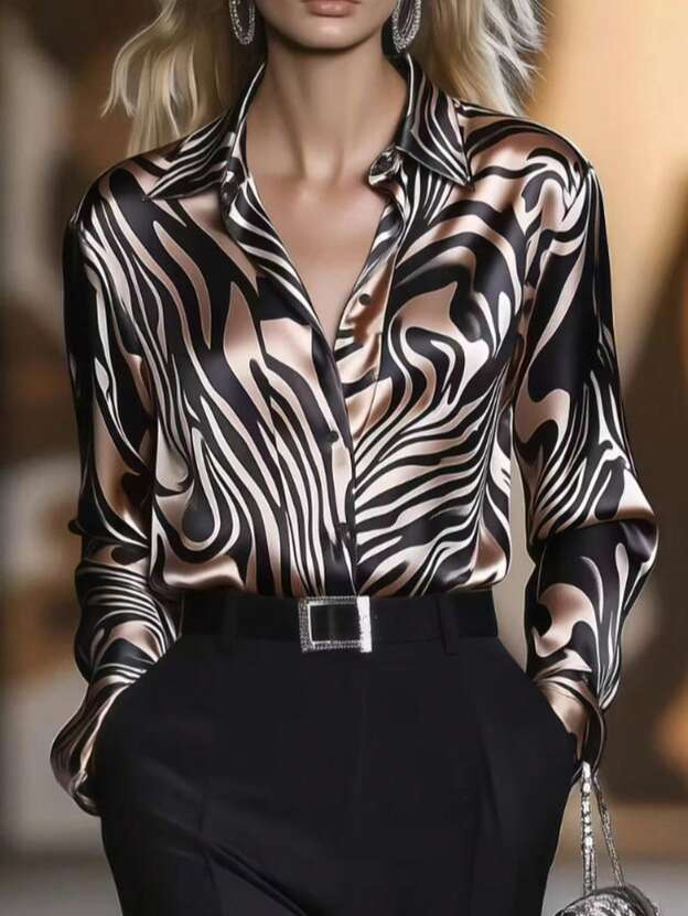 Elegante camisa de satén con cuello y estampado de cebra