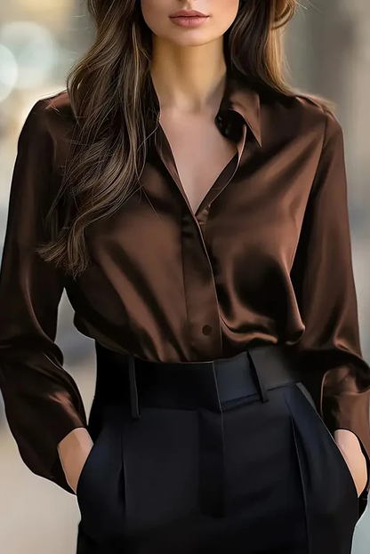 Camisa casual elegante de satén lisa de manga larga