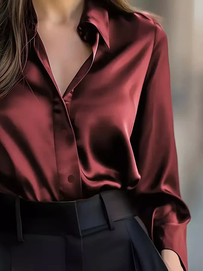 Camisa casual elegante de satén lisa de manga larga