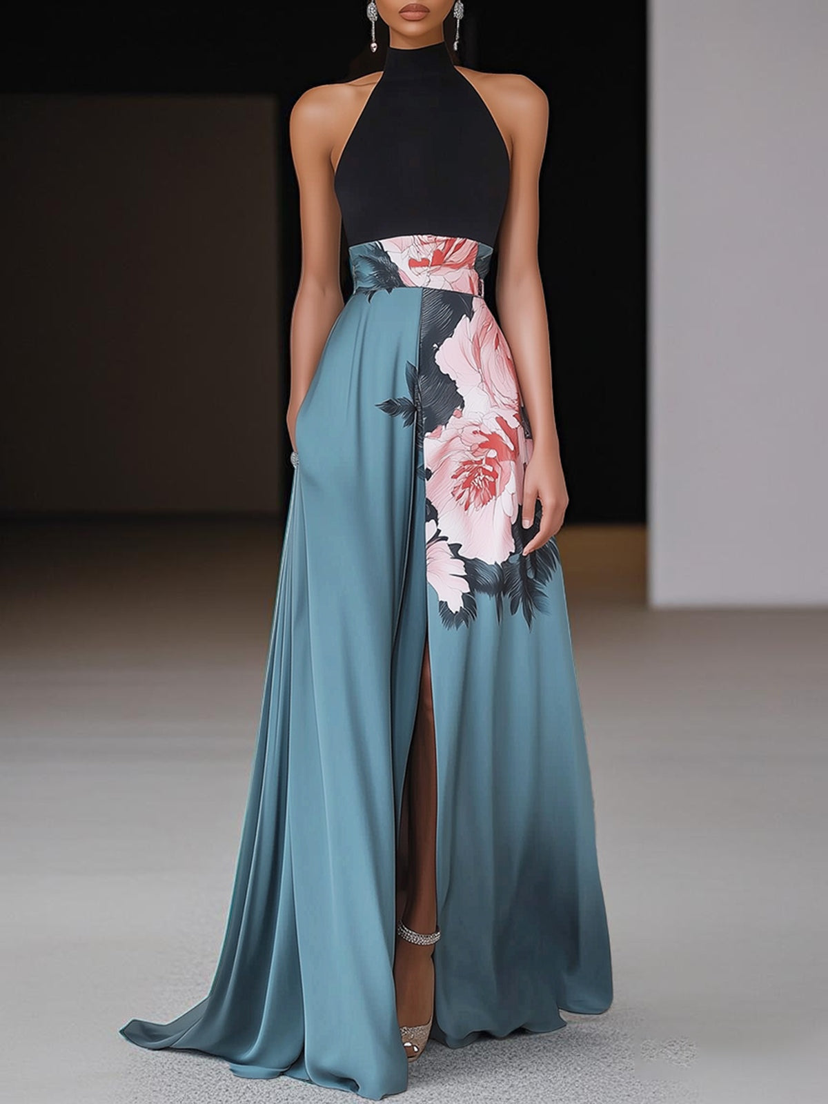 Vestido largo negro en línea A con flores, abertura, cuello redondo y sin mangas
