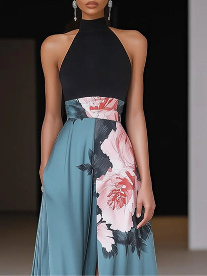 Vestido largo negro en línea A con flores, abertura, cuello redondo y sin mangas