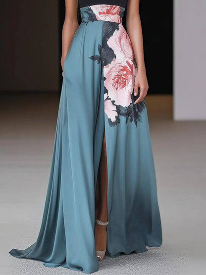Vestido largo negro en línea A con flores, abertura, cuello redondo y sin mangas