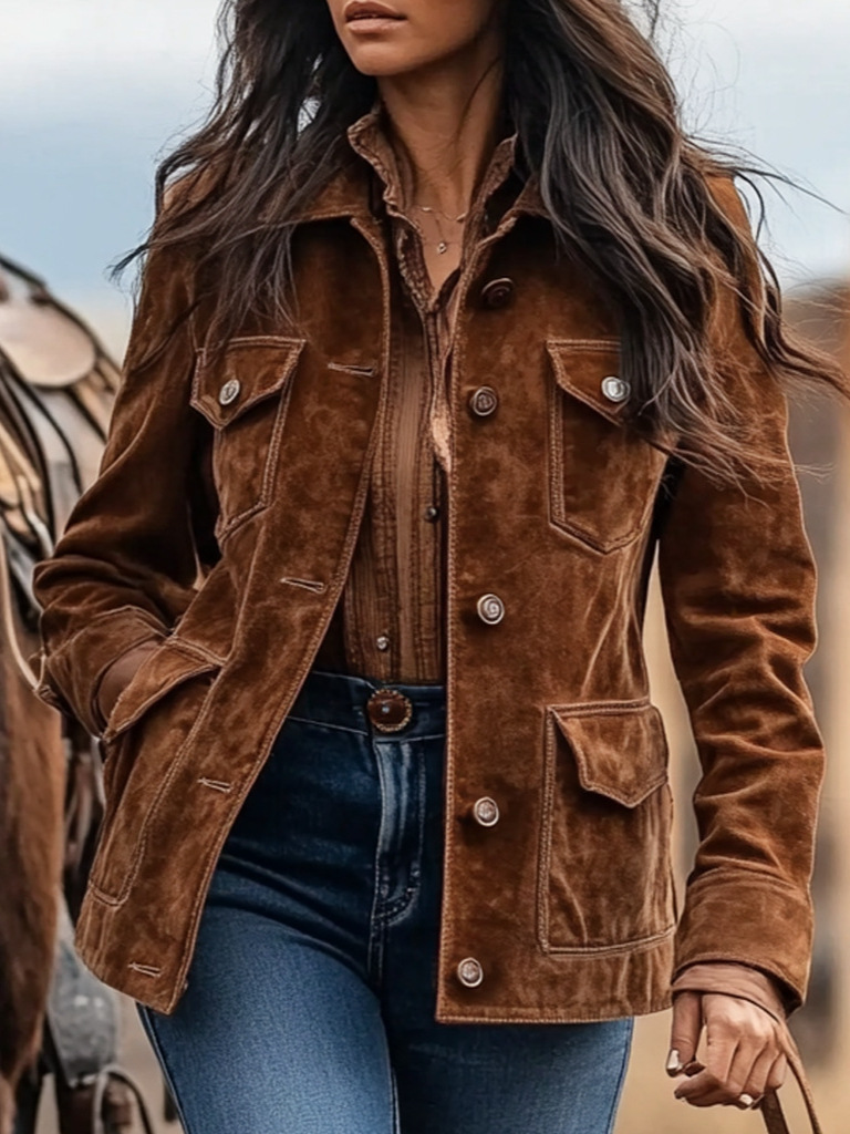 Chaqueta vintage de ante con solapa y múltiples bolsillos