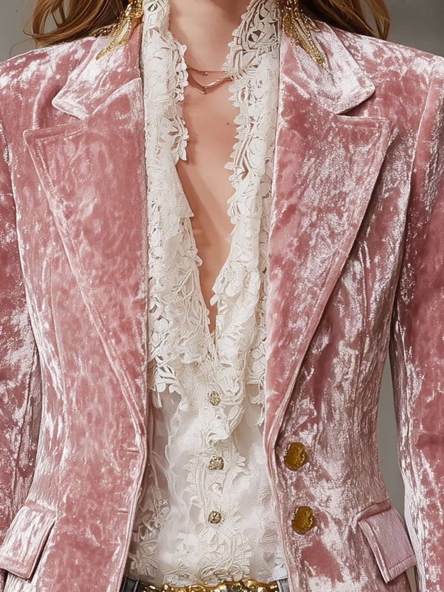 Blazer retro de terciopelo rosa con botones dorados