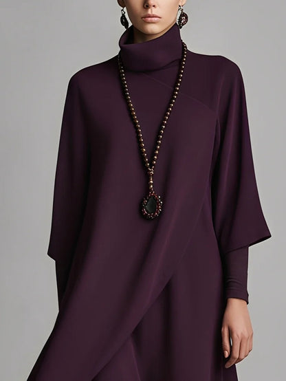 Vestido largo morado oscuro de cuello alto, bordado, asimétrico y plisado