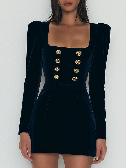 Elegante minivestido de terciopelo azul marino con botones dorados