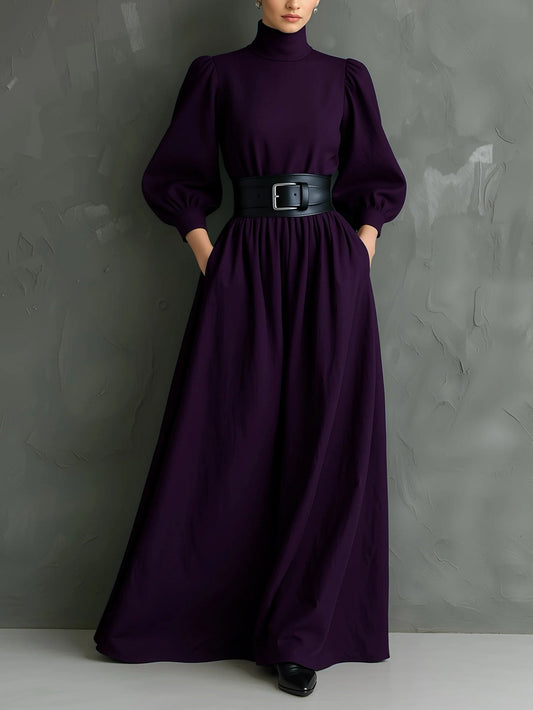 Elegante vestido largo ajustado morado oscuro de cuello alto y manga larga (con cinturón)