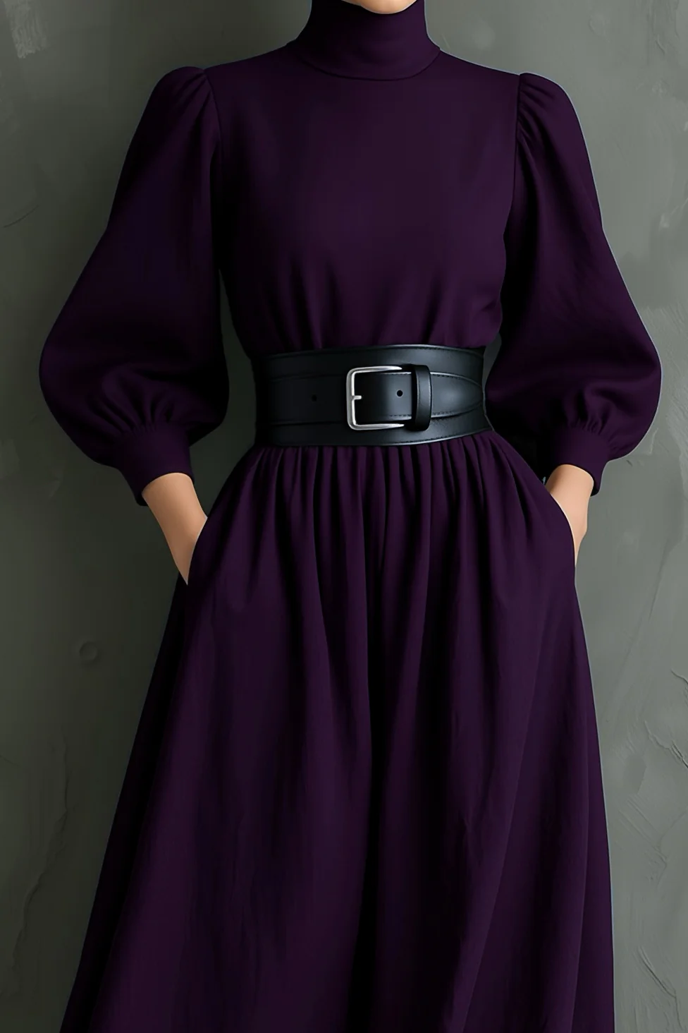 Elegante vestido largo ajustado morado oscuro de cuello alto y manga larga (con cinturón)