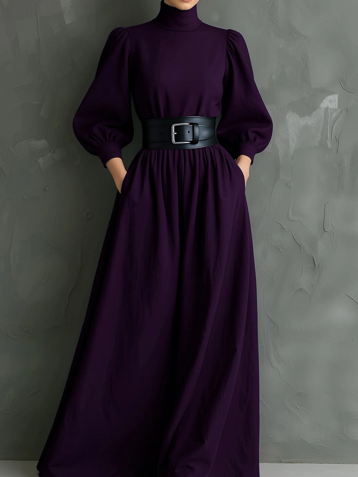 Elegante vestido largo ajustado morado oscuro de cuello alto y manga larga (con cinturón)