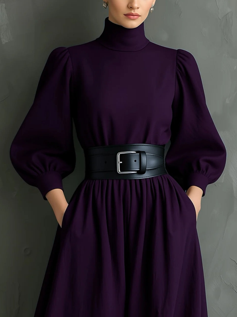 Elegante vestido largo ajustado morado oscuro de cuello alto y manga larga (con cinturón)