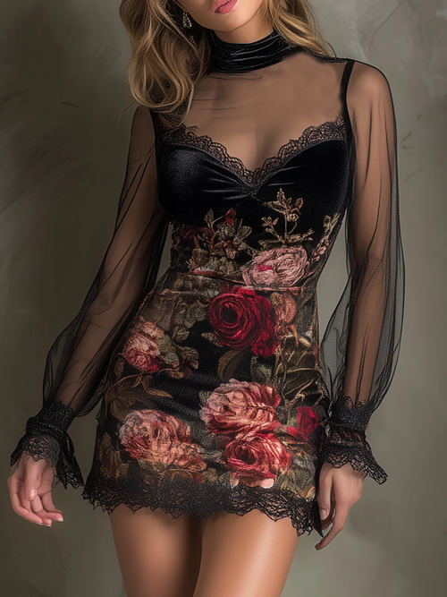 Minivestido de terciopelo con estampado de rosas, tul y ribete de encaje