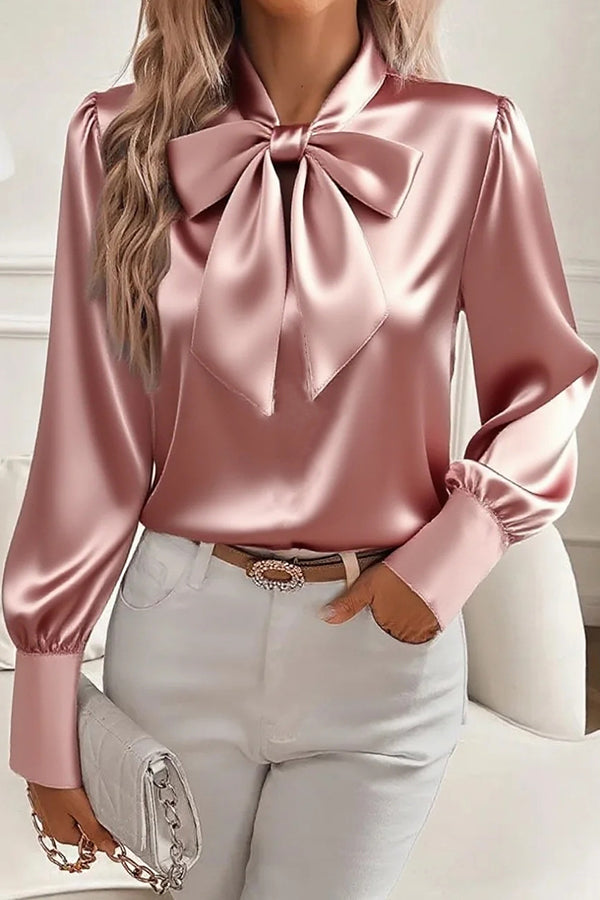 Camisa casual de satén lisa de manga larga con lazo
