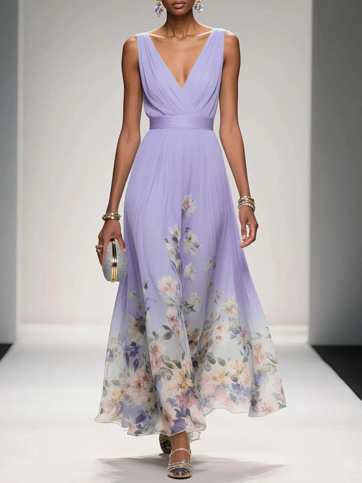 Vestido largo de gasa azul claro con flores, cuello en V y sin mangas