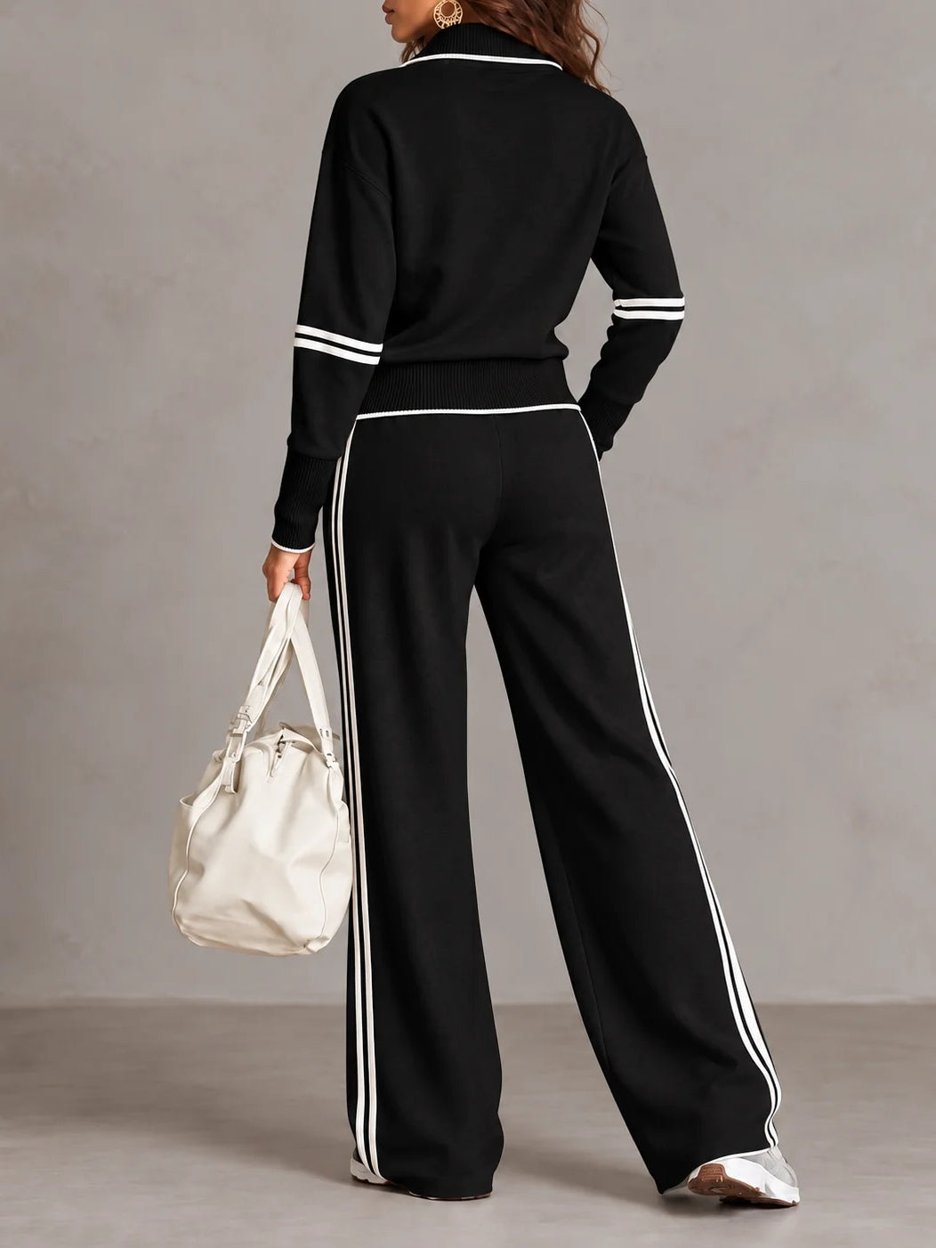 Conjunto blanco de sudadera de canalé con media cremallera y pantalón de pierna ancha bicolor