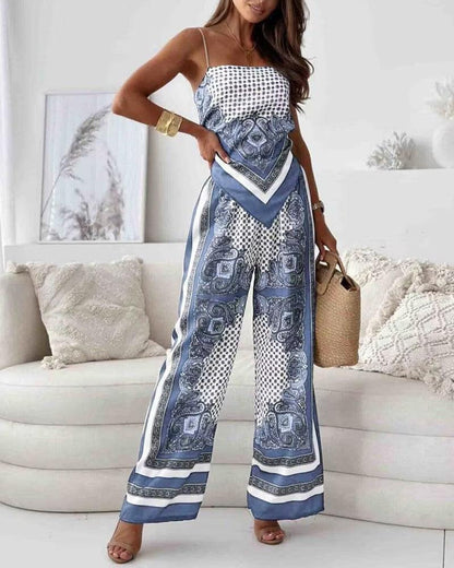 Conjunto de dos piezas: chaleco estampado con lazada y pantalón