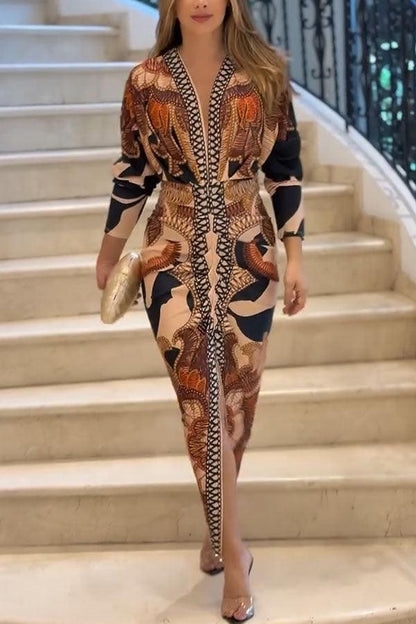 Vestido midi estampado de manga larga murciélago, fruncido y con abertura