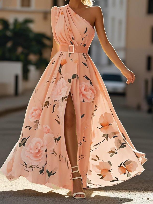 Vestido largo de gasa verde claro con flores, fruncido y de un solo hombro