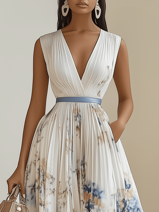 Vestido midi blanco de gasa plisada con flores, cuello en V y sin mangas