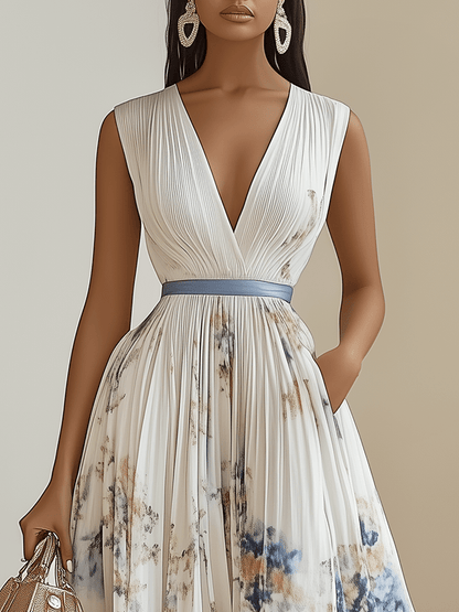Vestido midi blanco de gasa plisada con flores, cuello en V y sin mangas