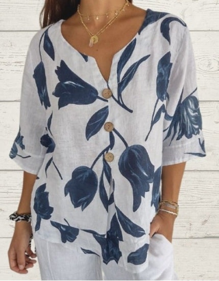 Camisa estampada de lino y algodón con cuello en V