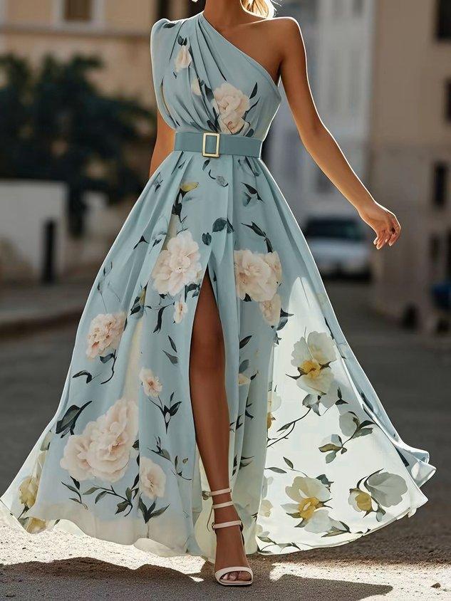 Vestido largo de gasa verde claro con flores, fruncido y de un solo hombro