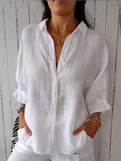 Camisa casual lisa de algodón y lino