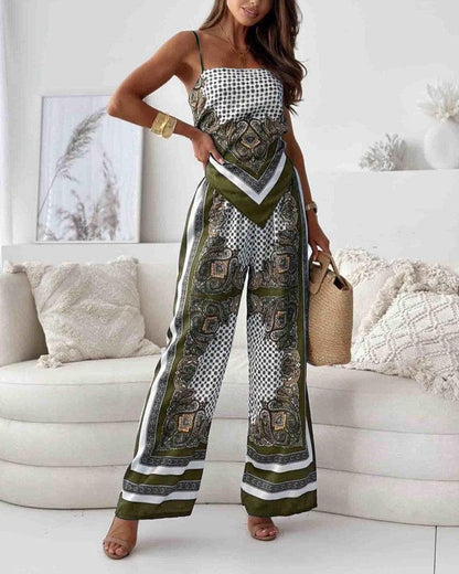 Conjunto de dos piezas: chaleco estampado con lazada y pantalón