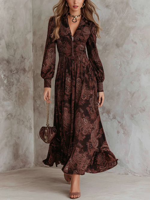 Vestido largo marrón de cachemira con cremallera