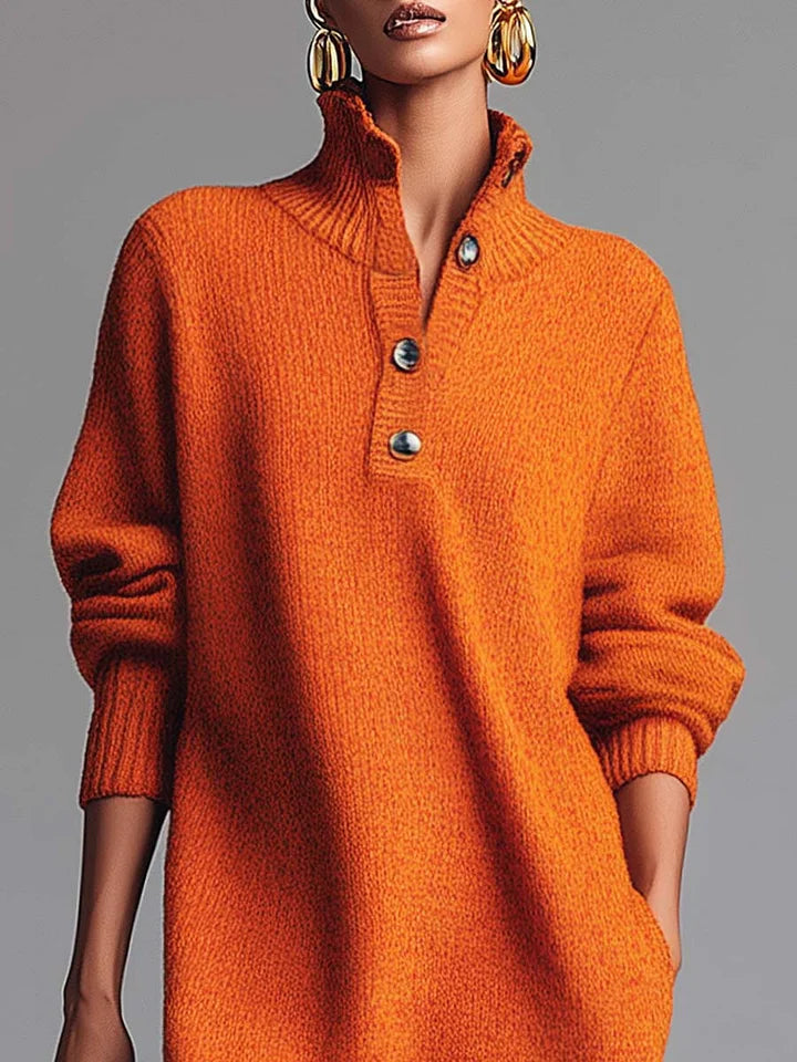 Vestido midi de punto naranja con solapa y botones