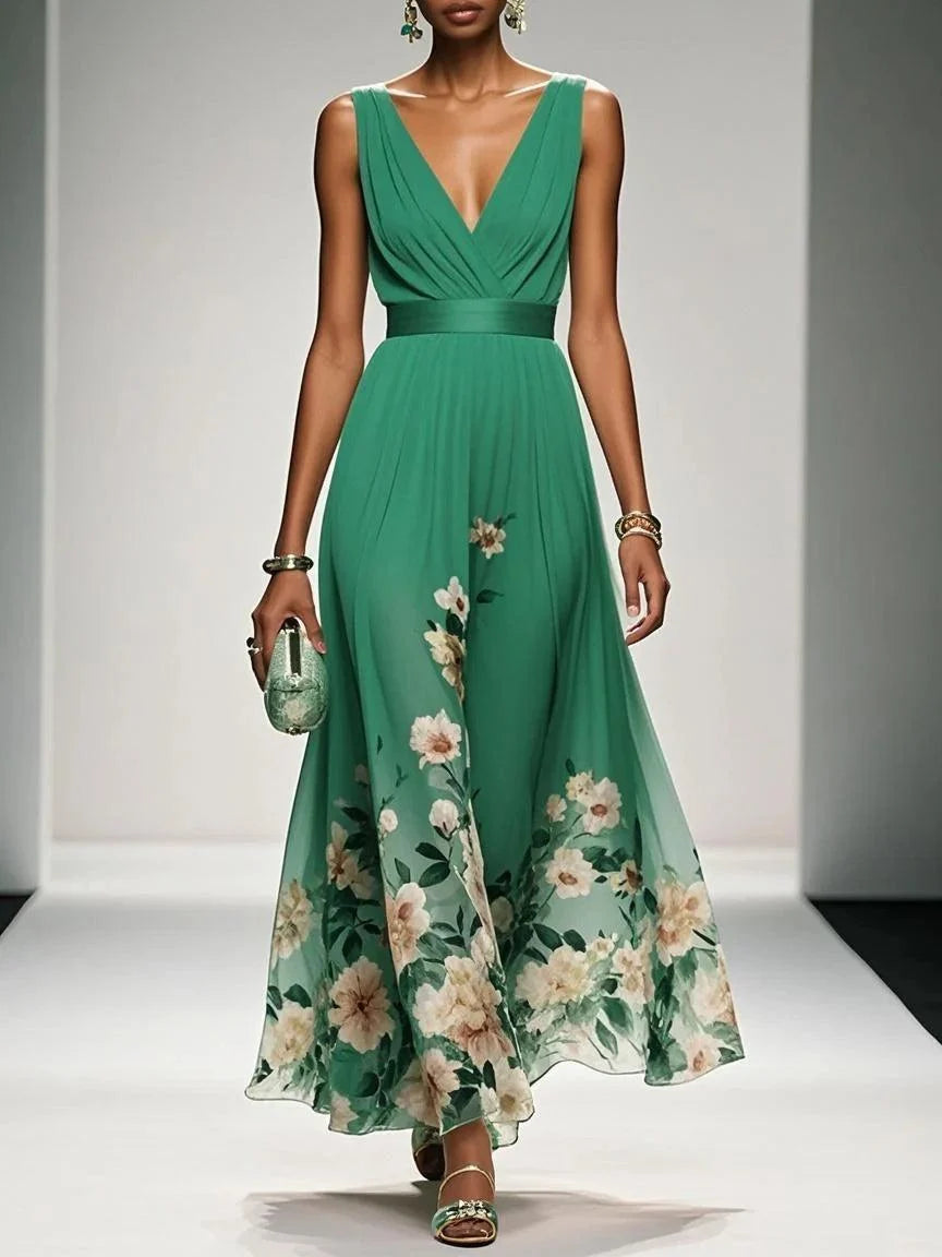 Vestido largo de gasa azul claro con flores, cuello en V y sin mangas