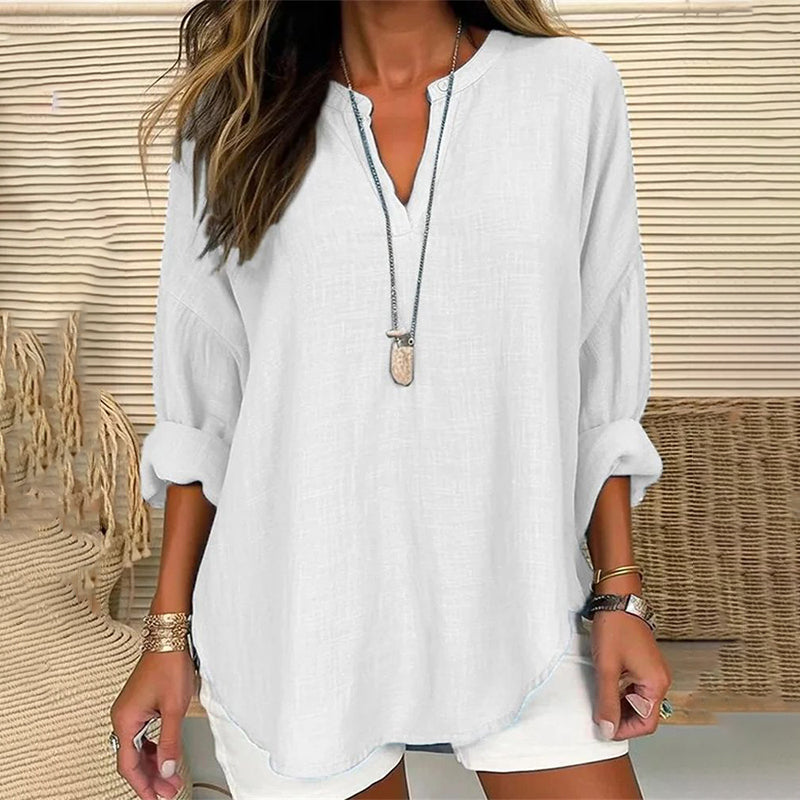 Blusa casual holgada lisa de manga larga con cuello en V