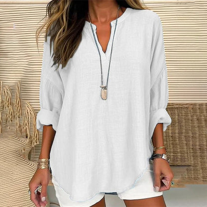 Blusa casual holgada lisa de manga larga con cuello en V