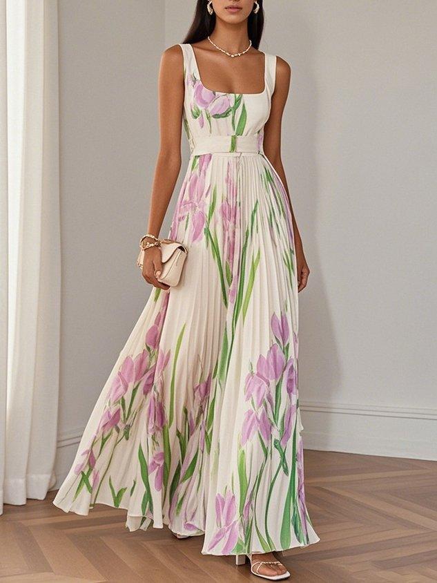 Vestido largo blanco de gasa plisada con flores, escote cuadrado y sin mangas