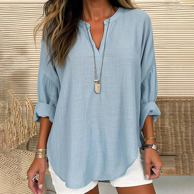 Blusa casual holgada lisa de manga larga con cuello en V