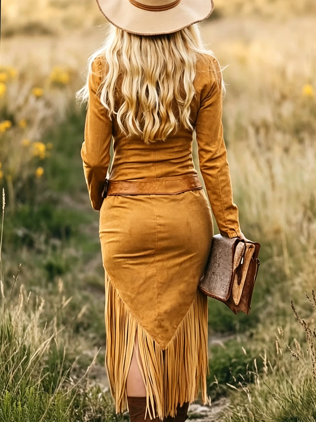 Vestido midi vintage western con solapa, cremallera y flecos (sin cinturón)