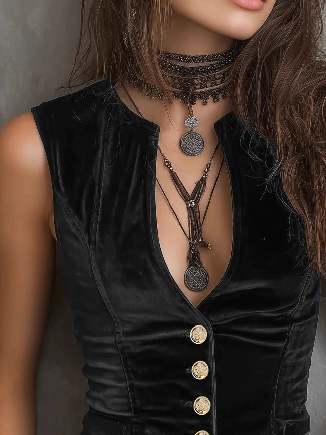 Chaleco vintage de terciopelo con cuello en V redondeado