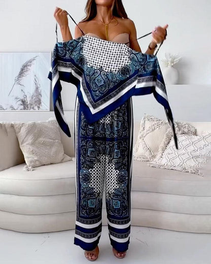 Conjunto de dos piezas: chaleco estampado con lazada y pantalón
