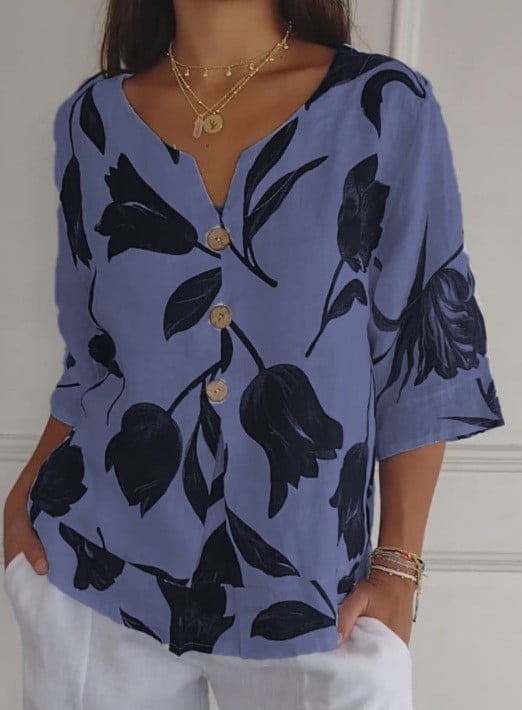 Camisa estampada de lino y algodón con cuello en V