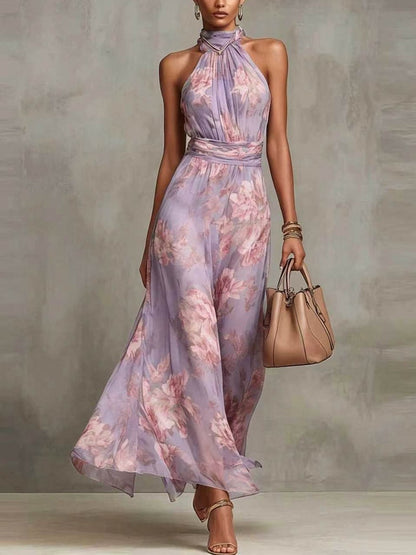 Vestido largo de gasa verde con flores y cuello halter