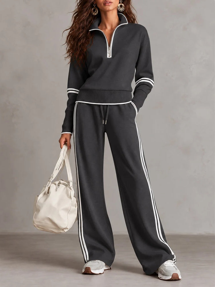 Conjunto blanco de sudadera de canalé con media cremallera y pantalón de pierna ancha bicolor