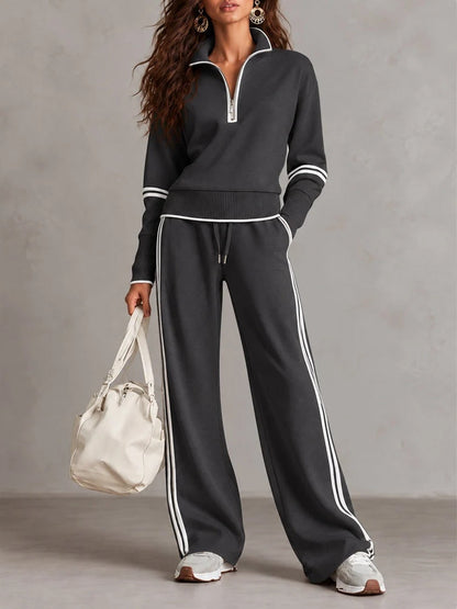 Conjunto blanco de sudadera de canalé con media cremallera y pantalón de pierna ancha bicolor