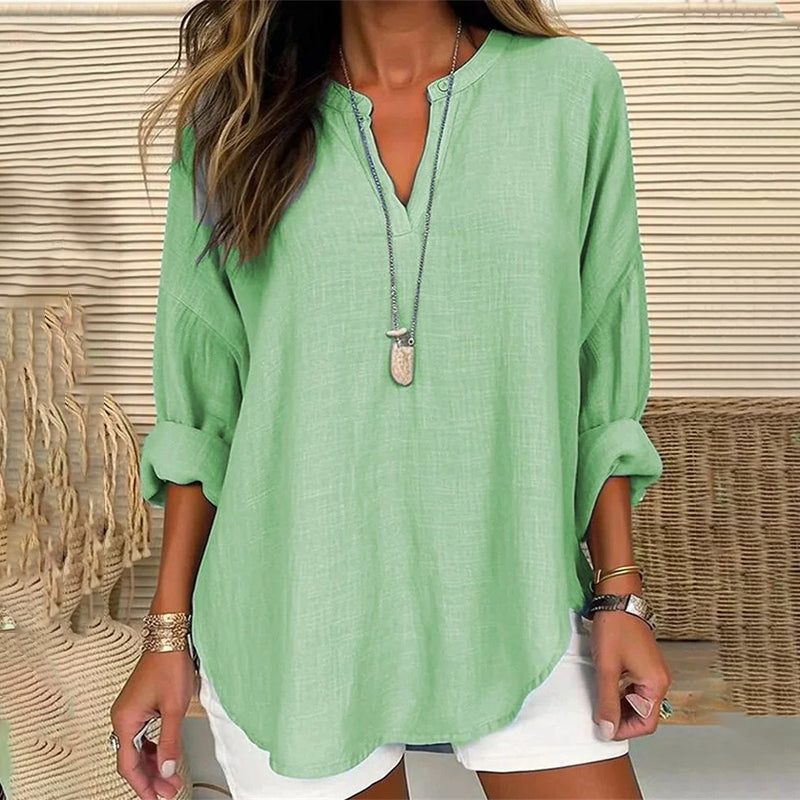 Blusa casual holgada lisa de manga larga con cuello en V