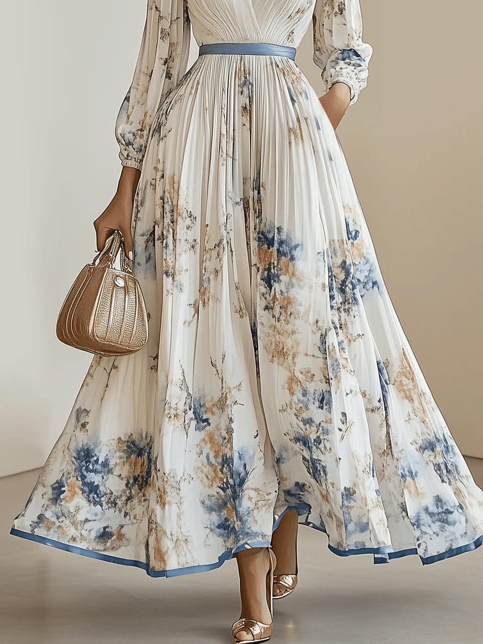 Vestido largo blanco de gasa plisada con flores, cuello en V y manga larga abullonada