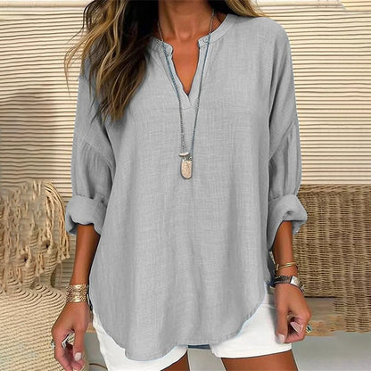 Blusa casual holgada lisa de manga larga con cuello en V