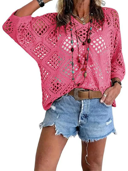 Top bohemio de punto calado de rombos con cuello en V y manga murciélago